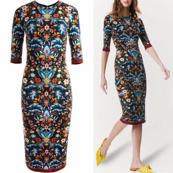 Alice + Olivia Dress Santa Monica Delora Crew Neck Midi Bodycon size 4 NWT $350 - Picture 2 of 4